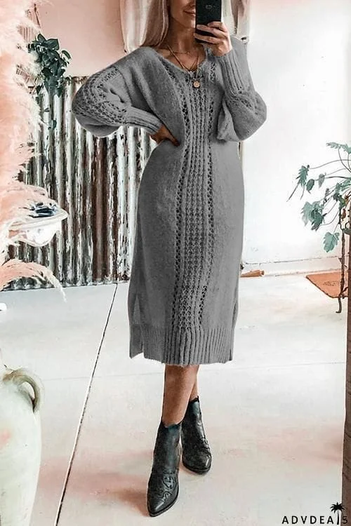 Hollow V Neck Long Sleeve Sweater Dress