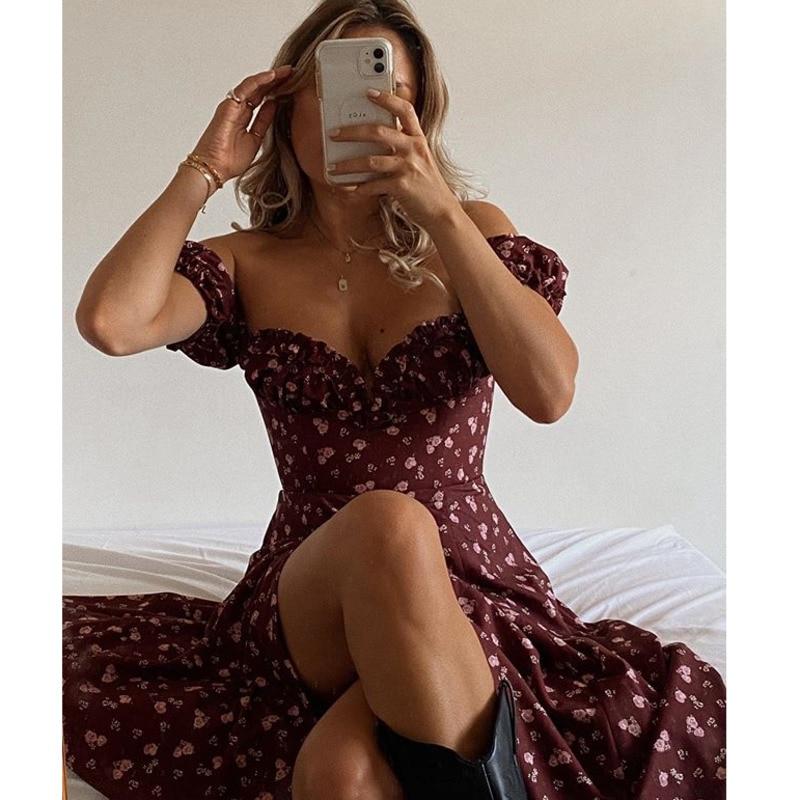 Abebey-Thanksgiving and Christmas gifts Red Floral Midi Dress Summer Off Shoulder Ruffles Strapless Side Split Long  Dresses Zipper Party Beach Dress 2024