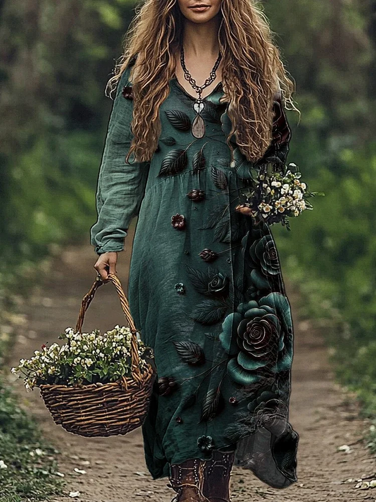 Elegant Night Floral Art Printed Women's Pocket Cotton Dress