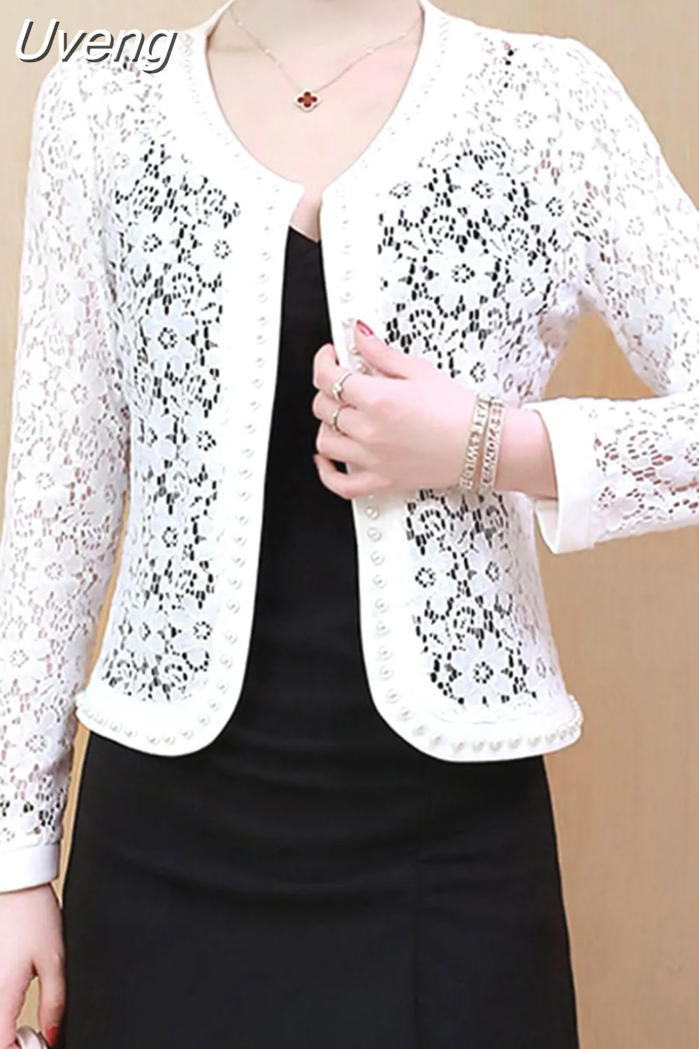Uveng Hollow Out Lace Blouse Women Long Sleeve White Black Shirt Beading Lace Jacket Elegant 4XL Women Clothing Blusas 16821