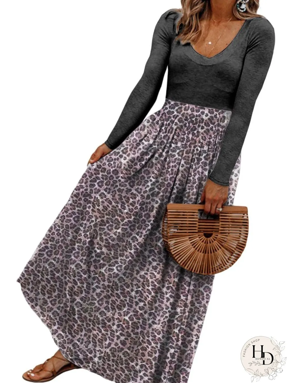 Leopard Print Maxi Dress with Fitted Bodice and Long Sleeves