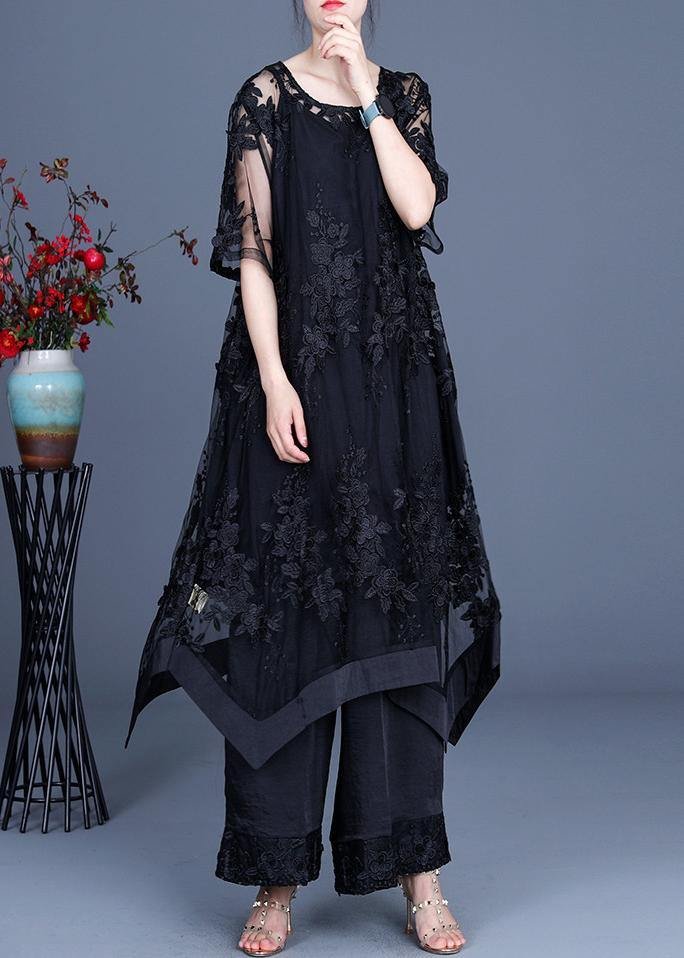 Summer Black Dress Wide Leg Pants Suspender Skirt Three Piece Set