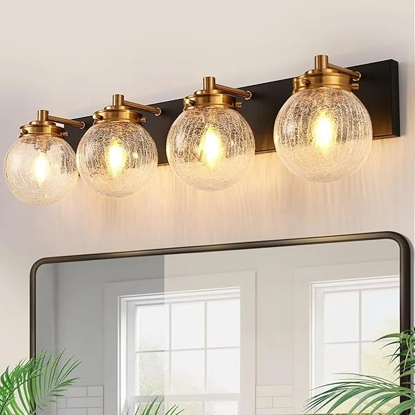 3-Light Bathroom Vanity Light, Black and Gold Bathroom Light Fixtures Over Mirror, Modern Vanity Light with Clear Round Cracked Glass Covers, Black Wall Sconce for Bathroom, Bedroom Black and Gold 3-Light