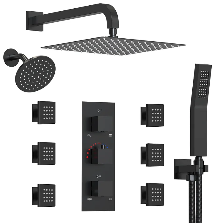 EVERSTEIN 12" Thermostatic Shower System with Handheld & 6 Body Jets, Matte Black