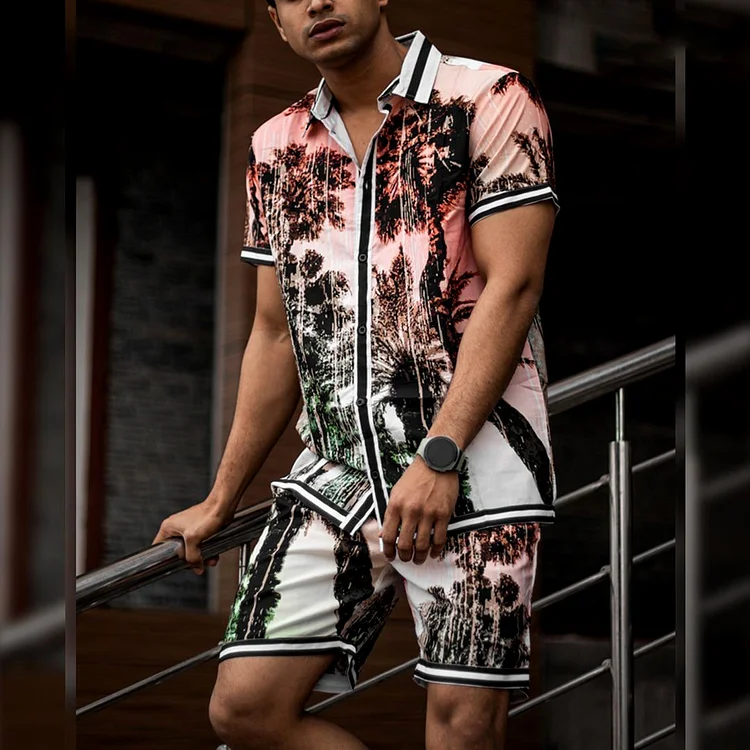 Gradient Color Of Ink Trees Casual Shirt And Shorts Co-Ord