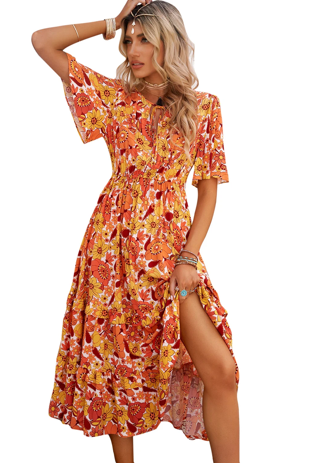 Orange Bohemian Flutter Sleeve Floral Dress