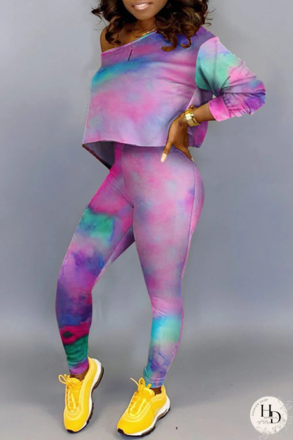 Green Fashion Casual Print Tie-dye Oblique Collar Long Sleeve Two Pieces