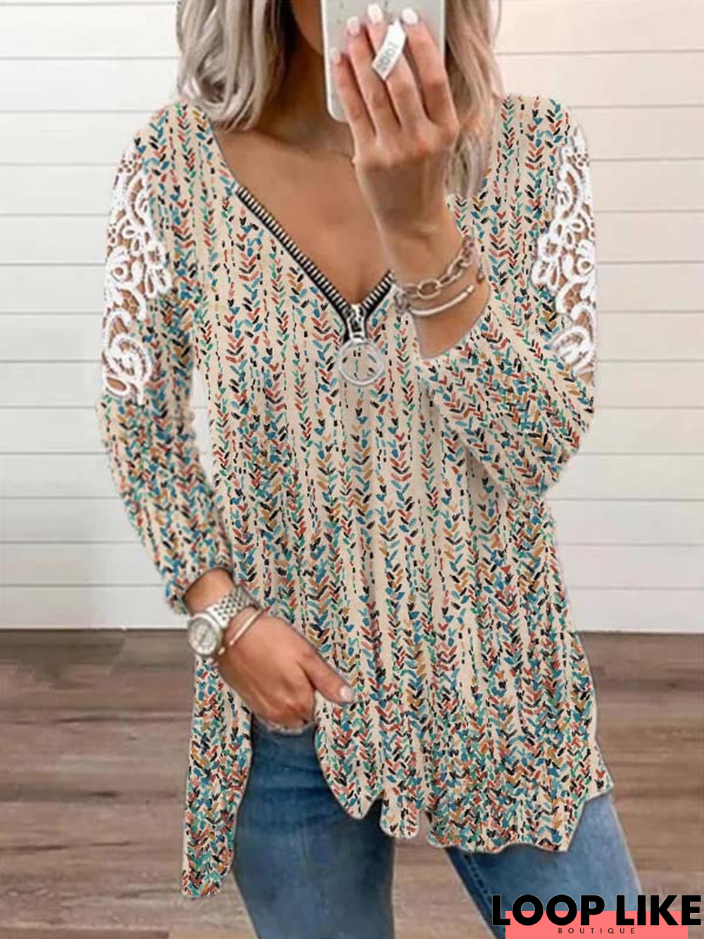 Printed V Neck Long Sleeve Casual Tunic T-Shirt