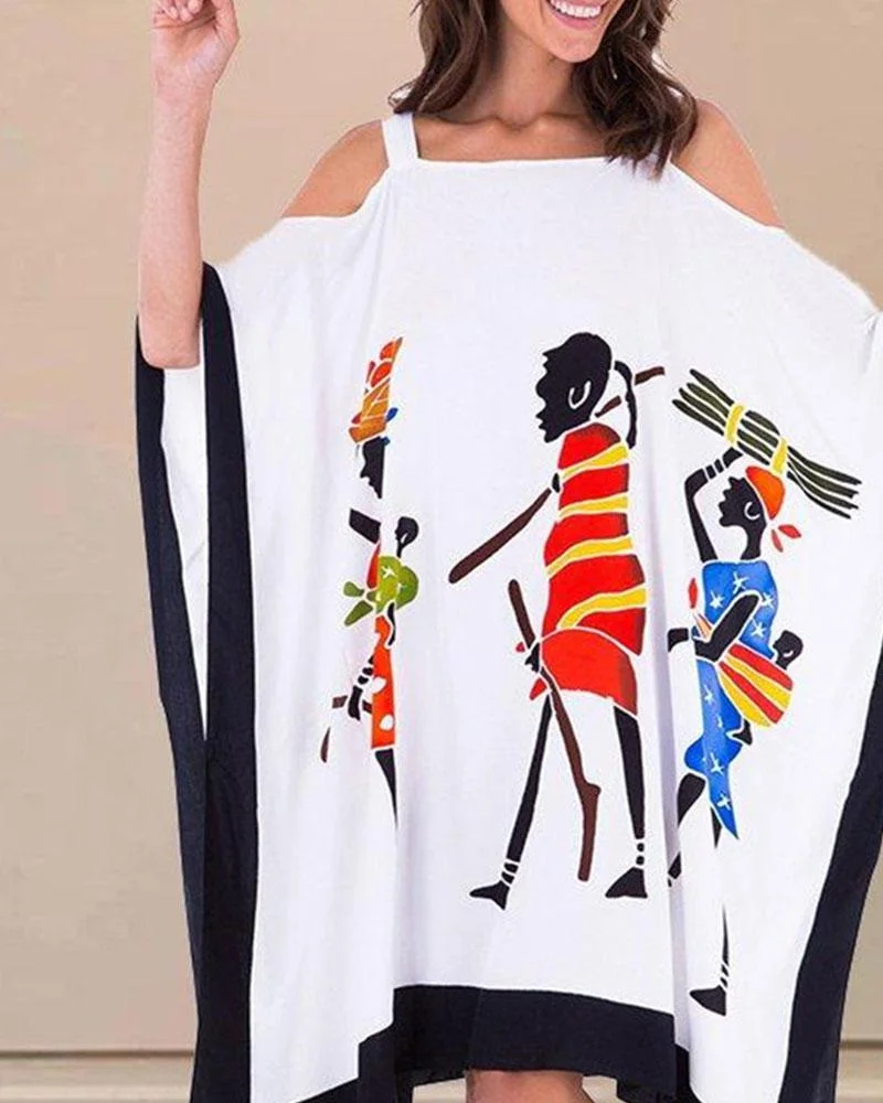 Positioning Print Suspender Mid Length Dress