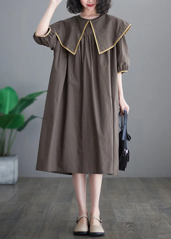Chocolate Patchwork Cotton Long Dress Oversized O-Neck Half Sleeve