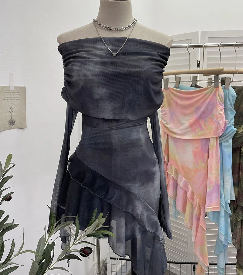 Nigikala Nigikala And Spicy Shoulder Dyed Printing Mesh Long-Sleeved Coat Folds Irregular Ribbon T-Shirt 9997