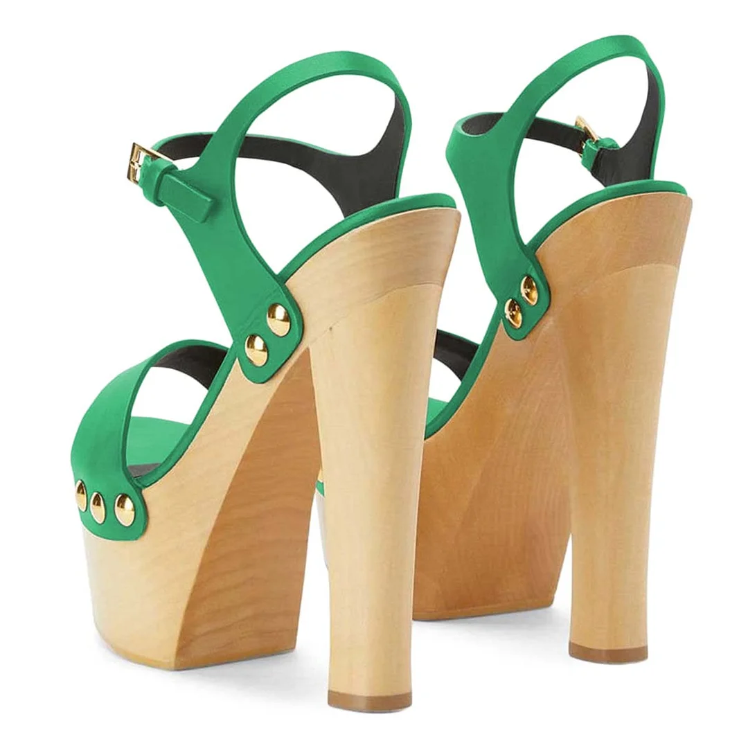 Green Studded Open Toe Ankle Strap Clog Heels with Platform