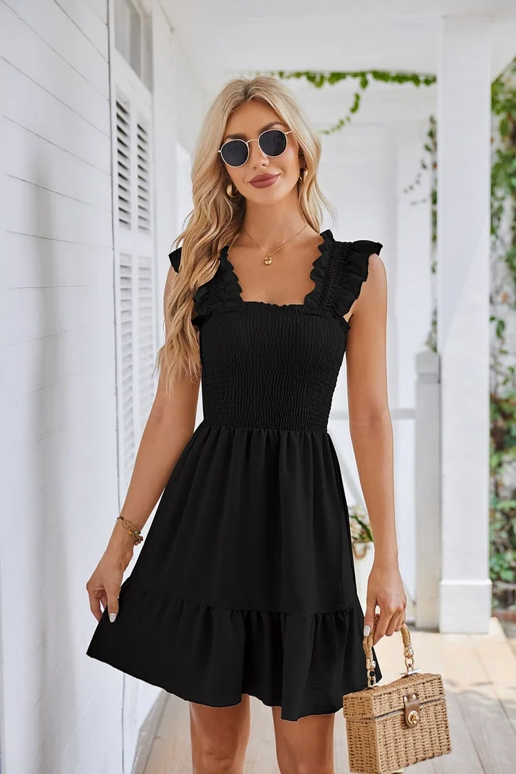 2025 Summer Casual Sleeveless Square Neck Smocked Ruffle Backless Beach Dress 