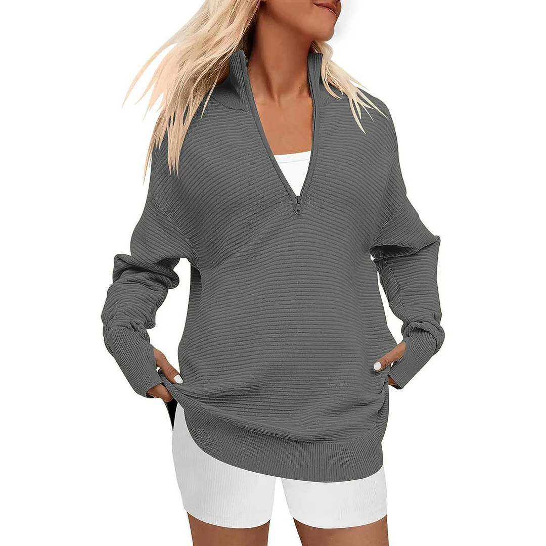 Wongn Wongn Hot Style Women's Long Sleeve Half Zipper V-Neck Casual Rib Knit Sweater Women's Jumper