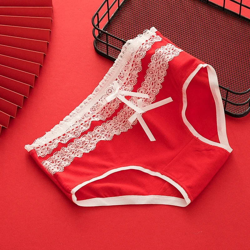Women's Cotton Panties Red Lace Underpants Girl Cotton Briefs Mid Waist Seamless  Female Underpants Girls Cute Comfort Briefs