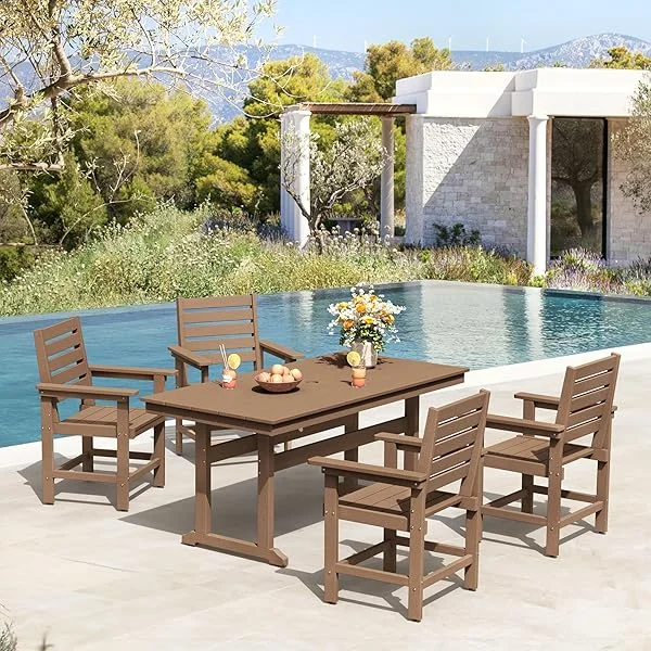 Patio Table and Chairs Set 7 Pieces, HDPE Weather Resistant Outdoor Dining Set with Umbrell Hole, Rectangle Outdoor Dining Table with 6 Patio Chairs, Patio Dining Set for Balcony, Light Brown Light Brown 7 Piece Rectangular Table Sets