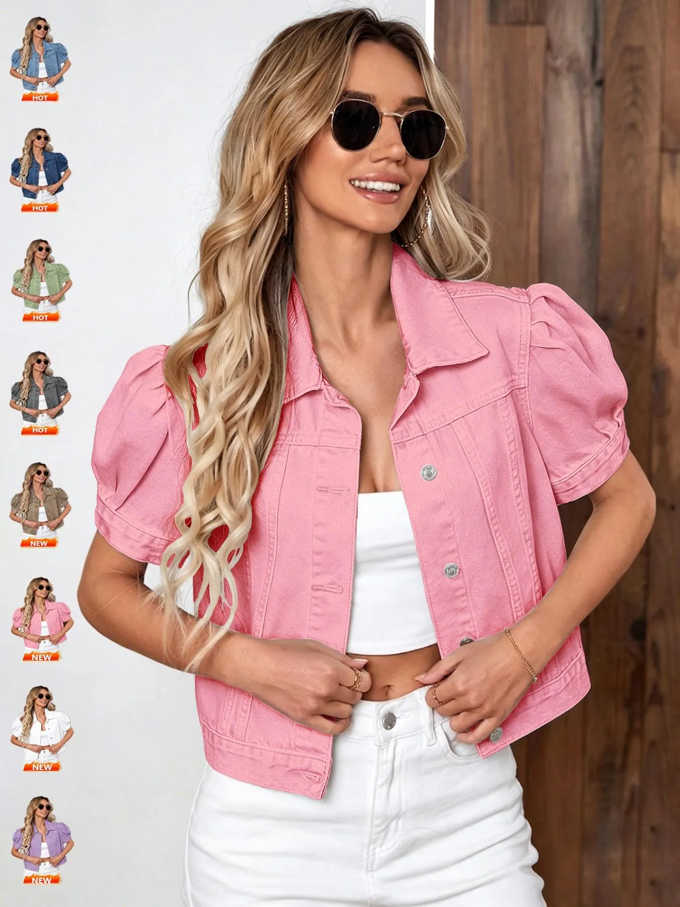Women's Vintage Bubble Sleeve Light Wash Denim Jacket, Summer Thin High Waist Crop Top, Casual Fashionable Short Jean Coat for Women Women's Vintage Bubble Sleeve Light Wash Denim Jacket, Summer Thin High Waist Crop Top, Casual Fashionable Short Jean Coat for Women