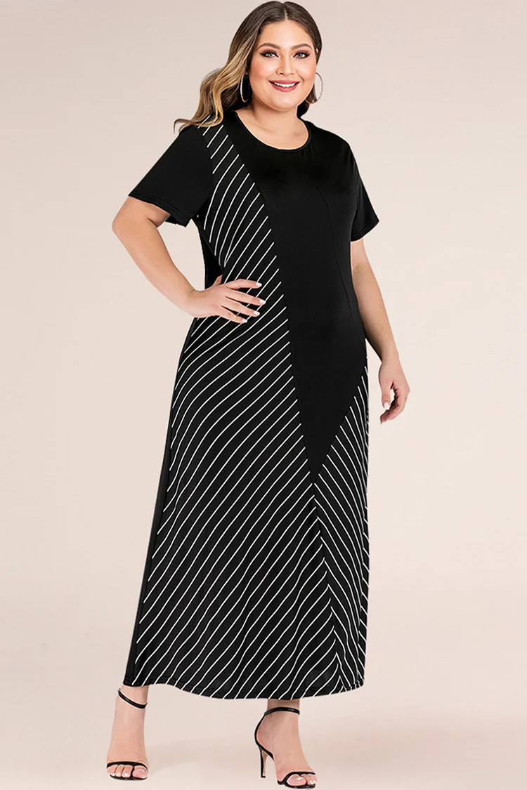 Plus Size Everyday Black Striped Patchwork Short Sleeve Maxi Dress 2024 - Flycurvy 