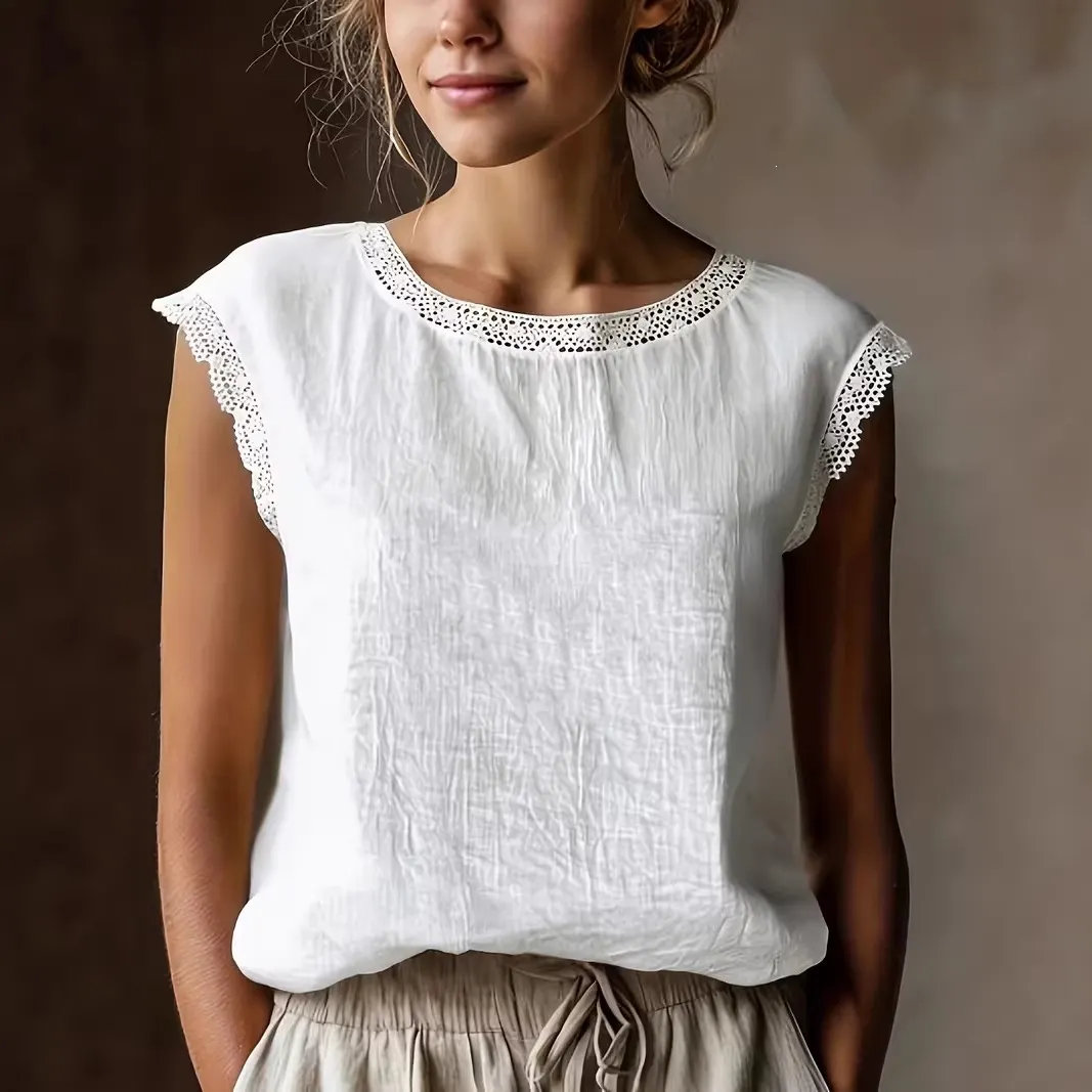 Solid Lace Trim Sleeveless Blouse