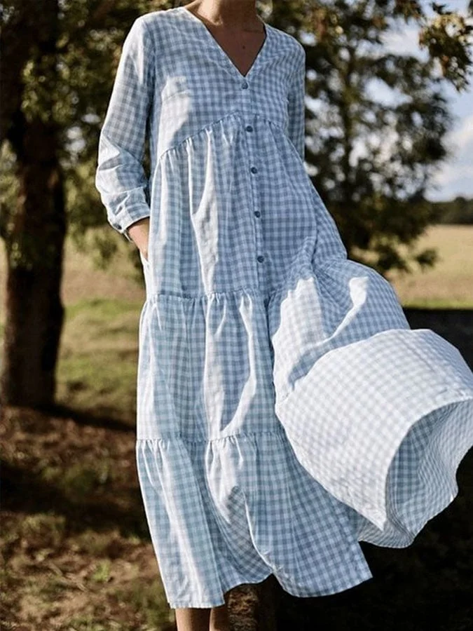 Women's Casual V-Neck Three-Quarter Sleeve Plaid Print Button Stitching Dress