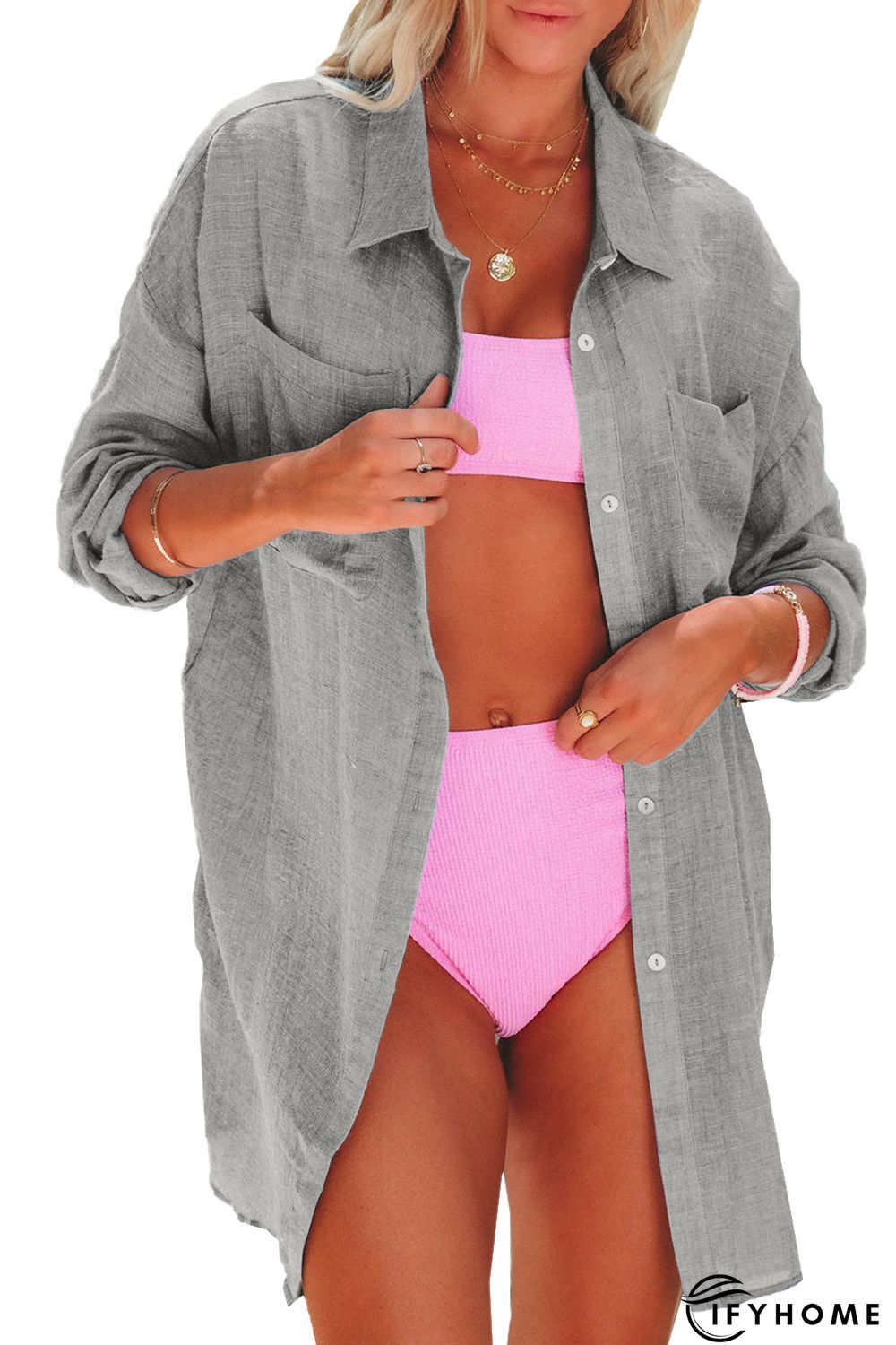 Gray Lightweight Shirt Style Beach Cover Up | IFYHOME