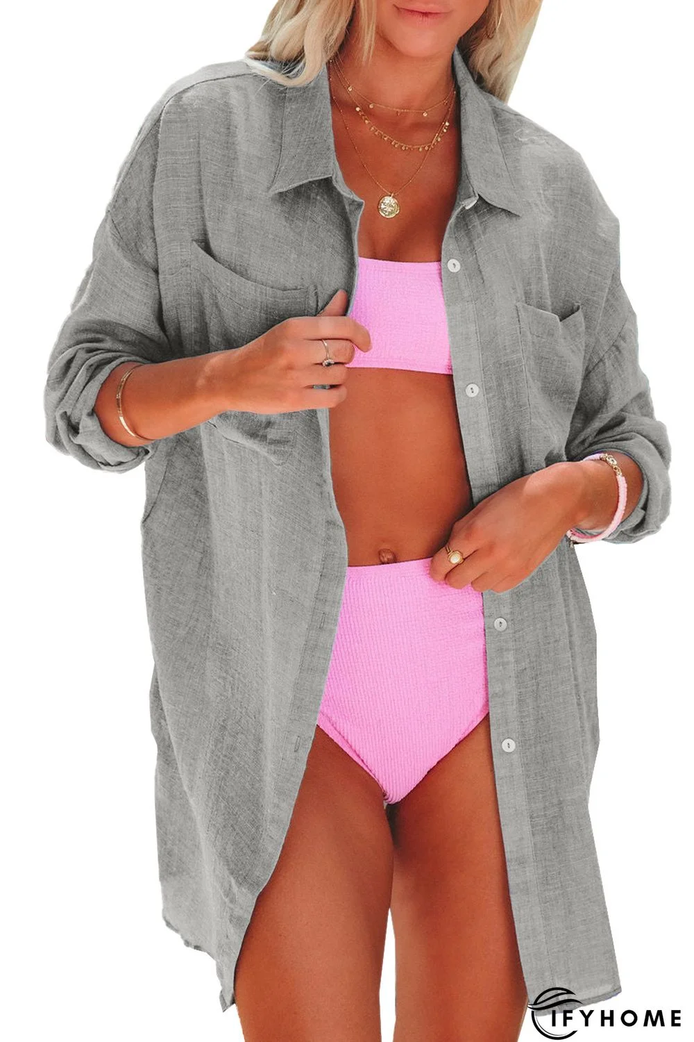 Gray Lightweight Shirt Style Beach Cover Up | IFYHOME
