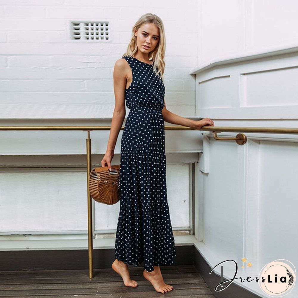 Holiday Summer Women Boho Sleeveless Maxi Polka Dot Dress Casual Beach Long Dress