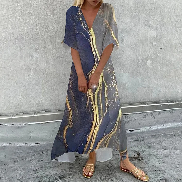 Loose Marble Print V-Neck Half Sleeve Maxi Dress