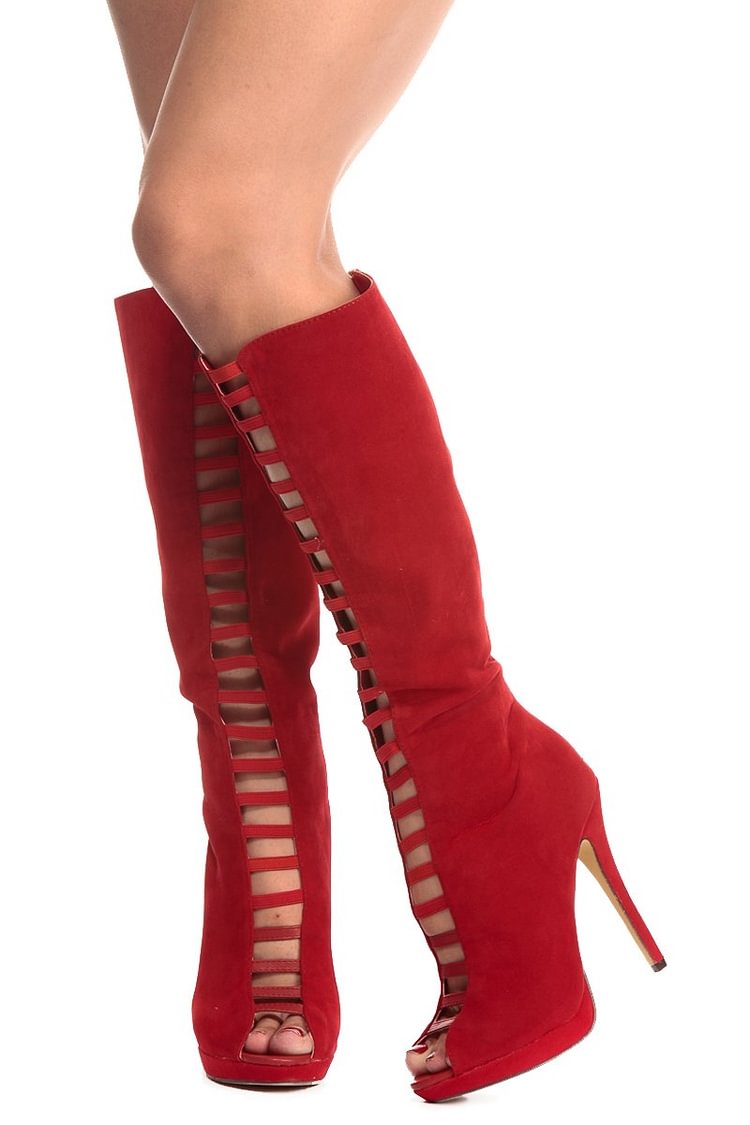 Fashion Red Lace up Boots Peep Toe Suede Boots Stiletto Heels Boots |FSJ Shoes