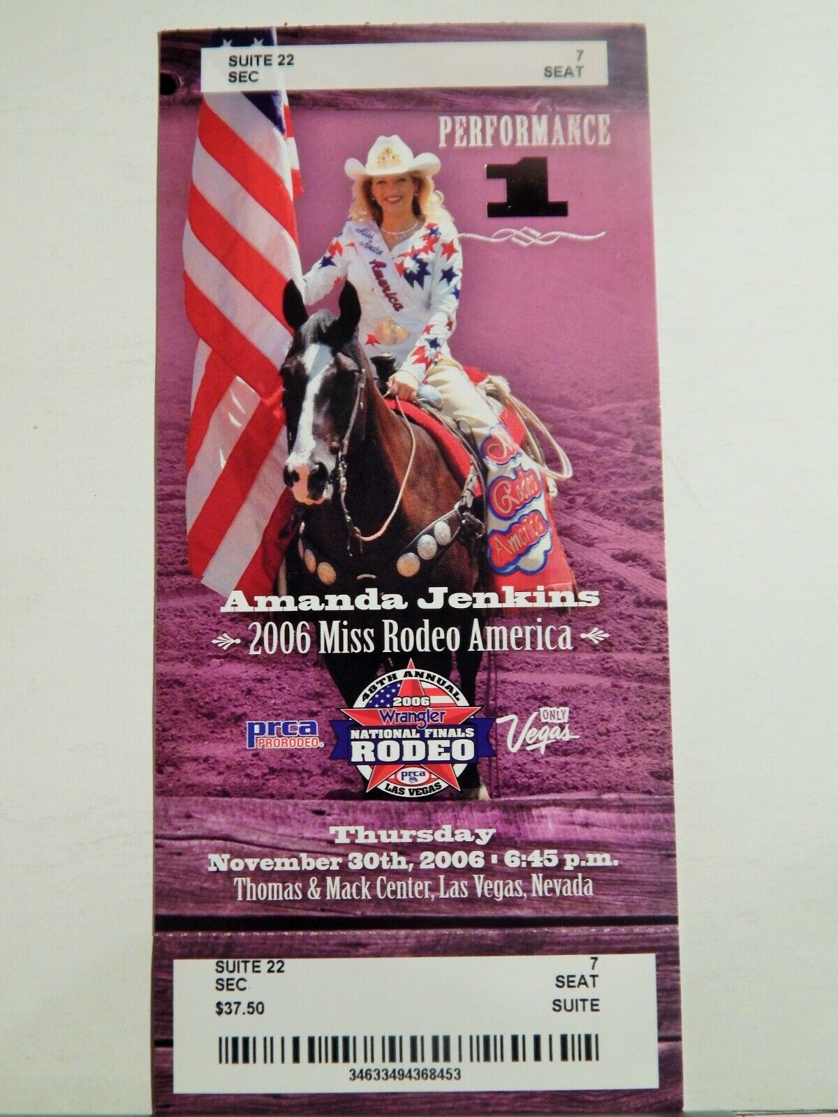 2006 NATIONAL FINALS RODEO LG ORIGINAL USED TICKET AMANDA JENKINS COLOR Photo Poster painting