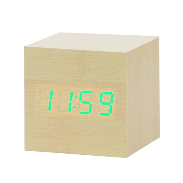 Wooden Digital LED Alarm Clock Voice Control USB/AAA Powered Electronic Table Clock Multifunction Temperature Desk Watch Decor