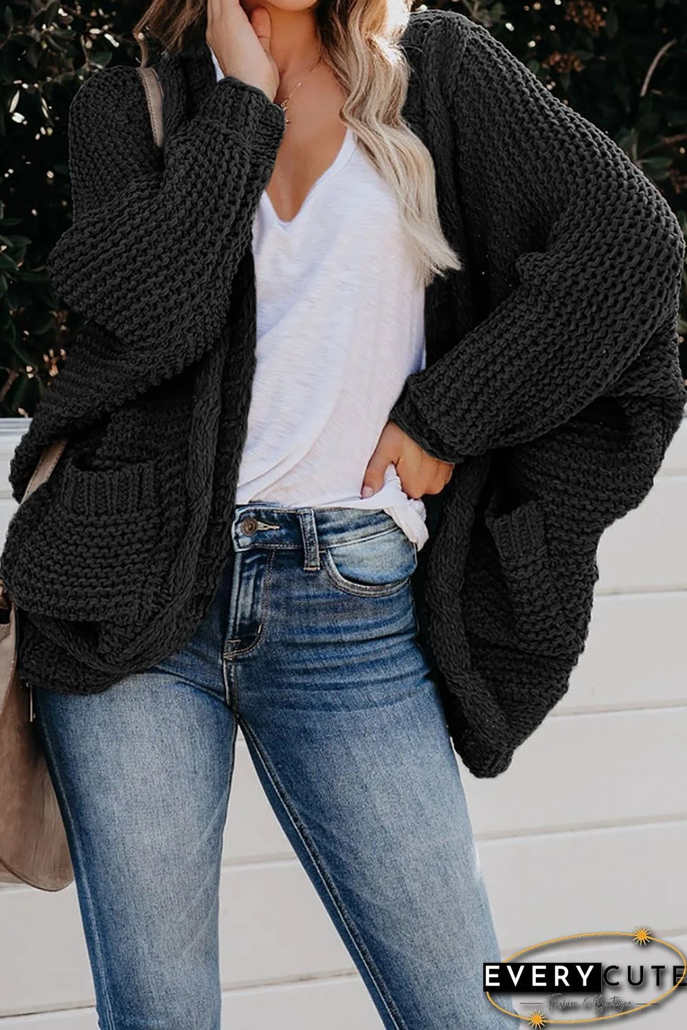 Black Chunky Knit Solid Cardigan with Pocket