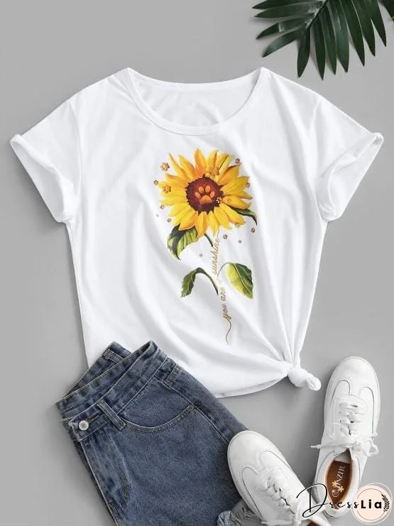 Knotted 3D Sunflower Print Basic Cotton Tee