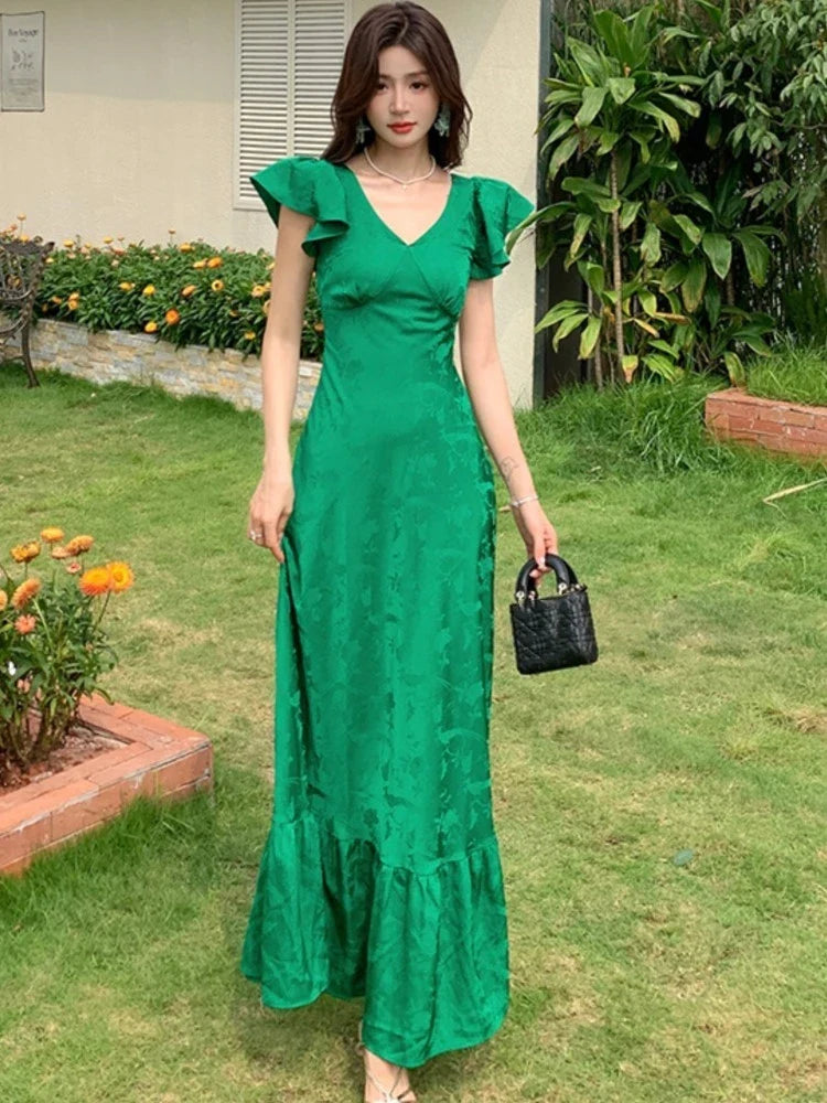 Llyge French Vintage Satin Midi Dresses for Women V-neck A-line Ruffles Evening Party Dress Prom Robe Casual Jacquard Summer Vestidos llyge