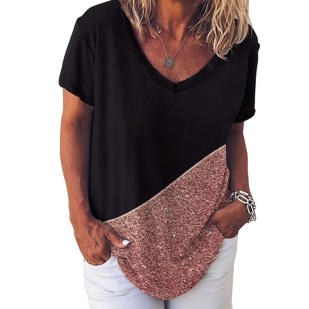 V-neck Short Sleeve Casual T-shirt for  Women Printed with Pattern Black, Red, Glitter