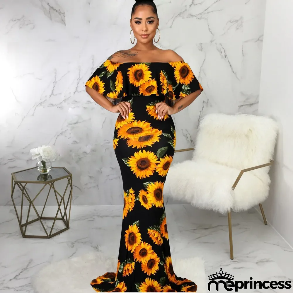 Sexy Sunflower Print Slash Neck Maxi Dress