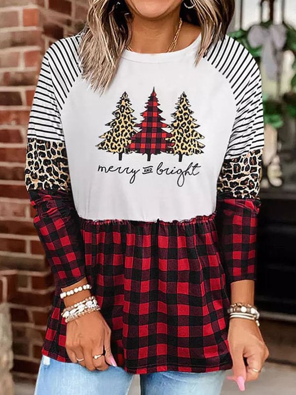 Merry And Bright Christmas Tree Print Blouse