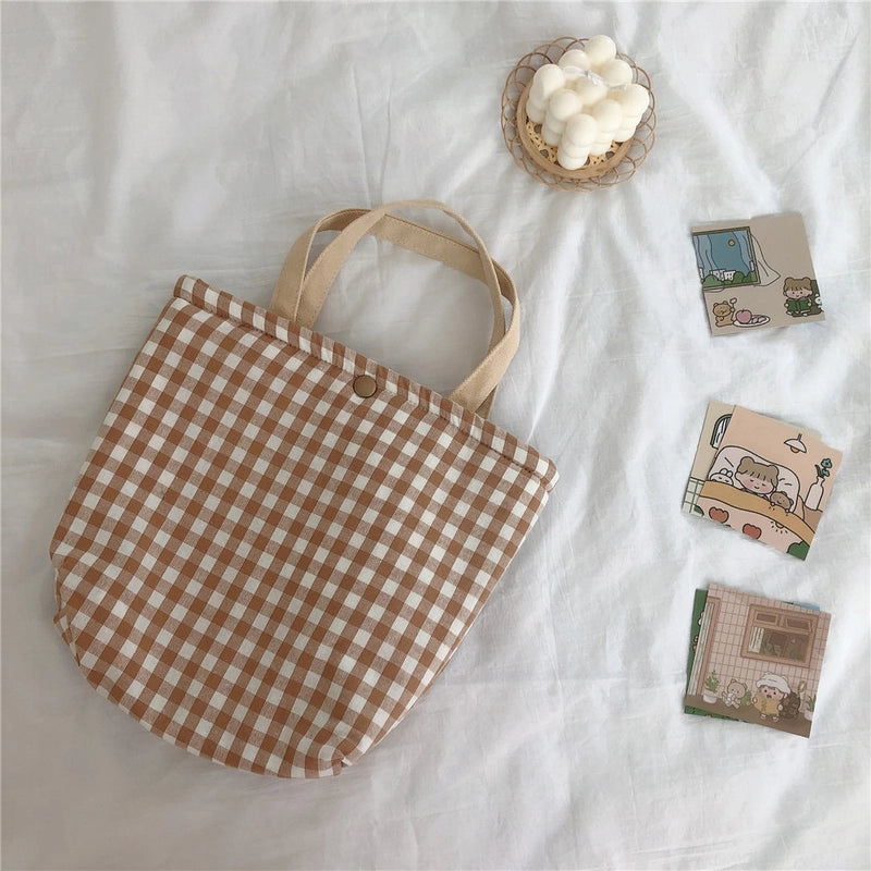 Plaid Portable Lunch Bag With Thickened Aluminum Film Hand Carrying Small Square Bag Cotton Bag Breakfast Bag Mummy Bag Plaid Bag