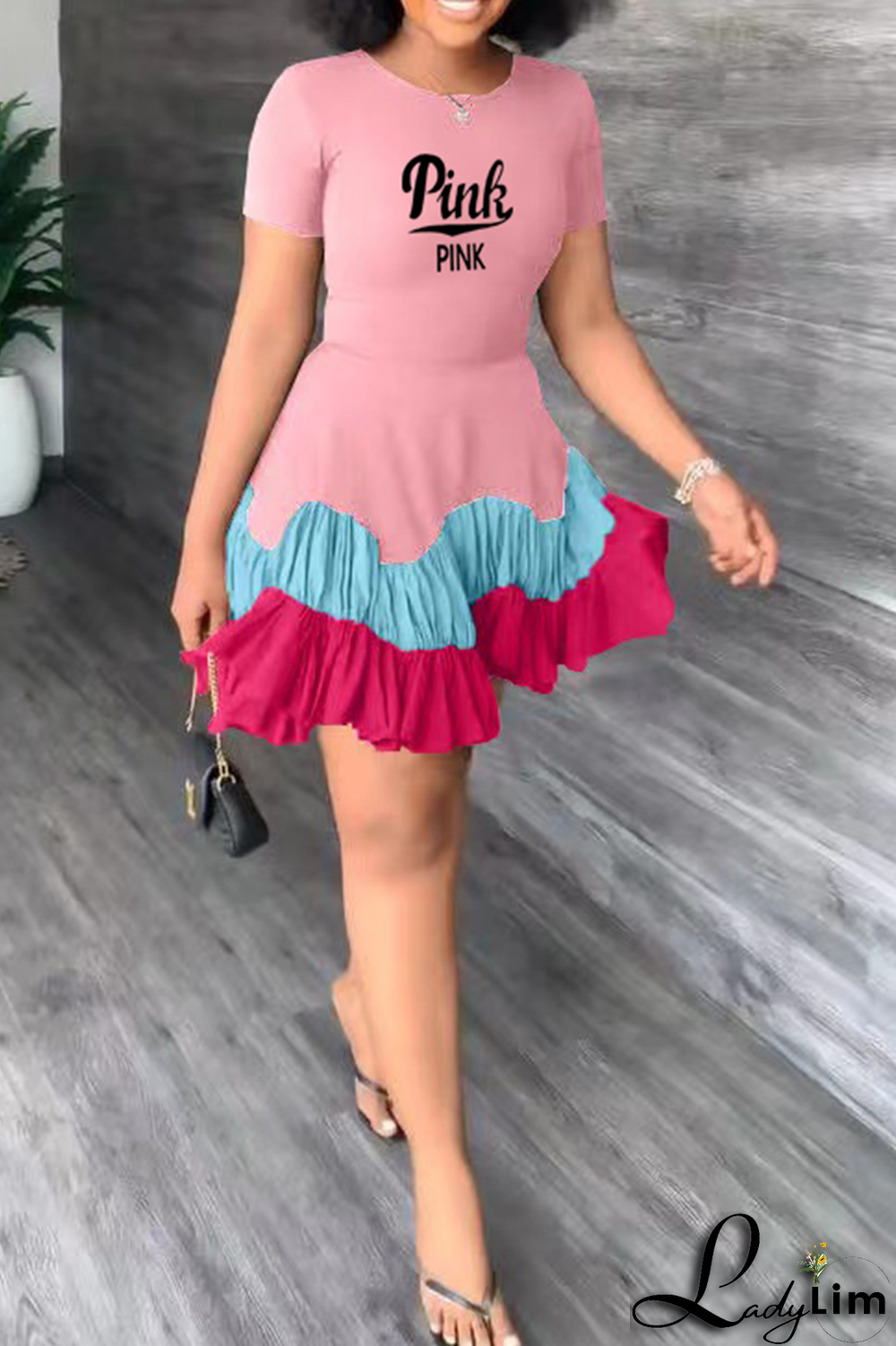 Black Casual Print Flounce O Neck Cake Skirt Dresses