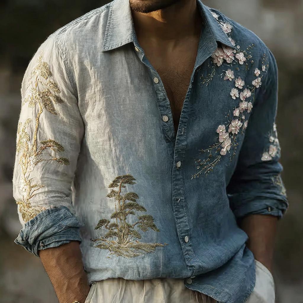 Men's Japanese Cherry Blossom And Pine Tree Casual Linen Shirt  artssus