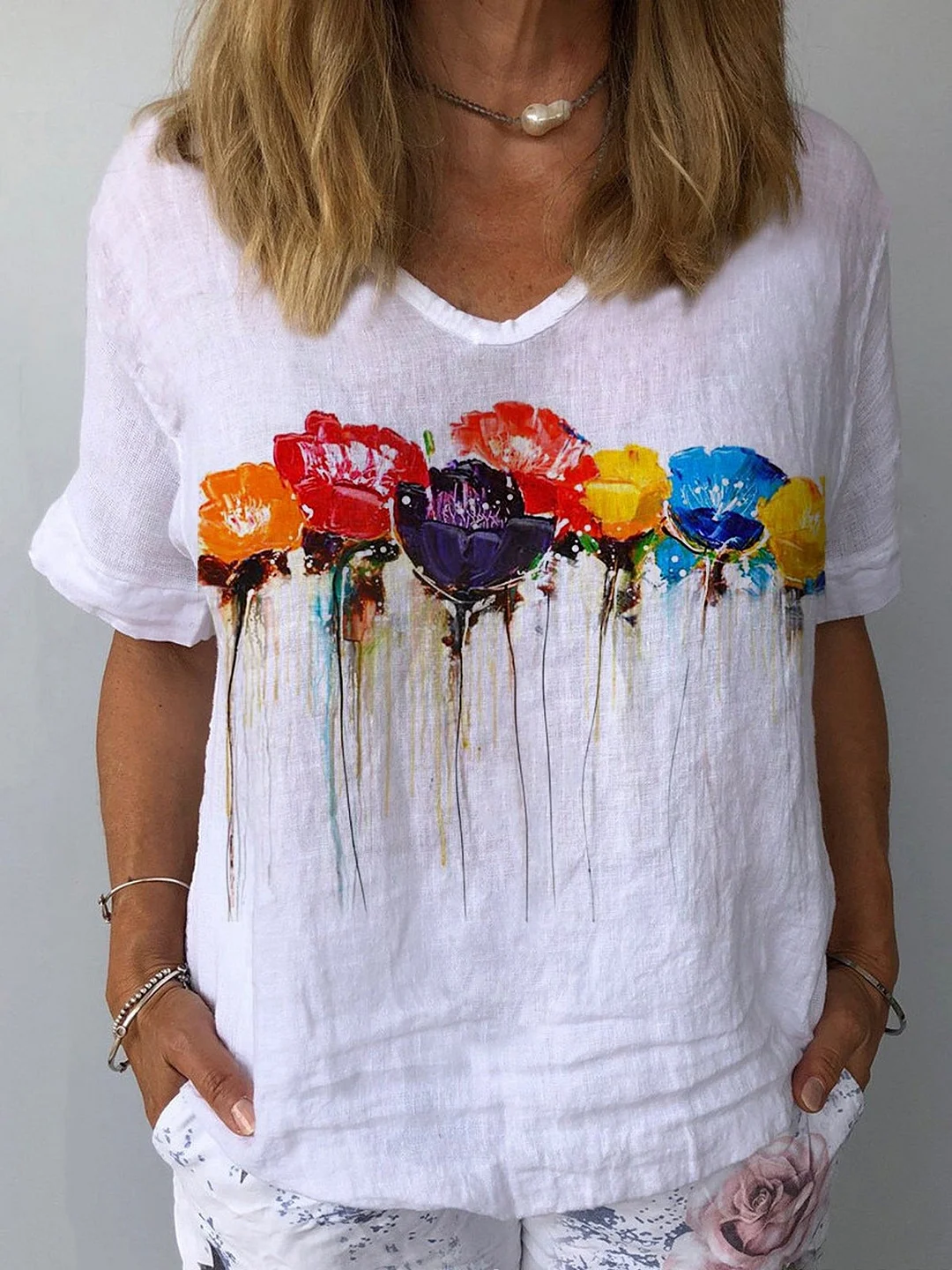 Women's short sleeve v-neck t-shirt, summer dragonfly floral print tunic Top, tie dye casual loose shirt Blouse cotton tunic tee stylish streetwear