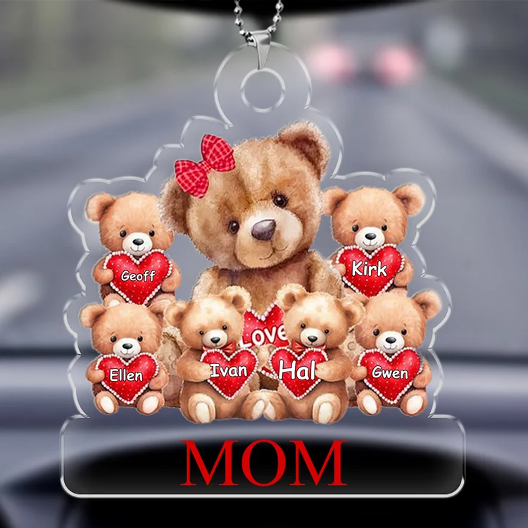 Personalized Teddy Bear Hanging Ornament Custom 1 Text & 1–10 Names Keychain Acrylic Pendant Gift for Mother/Grandma