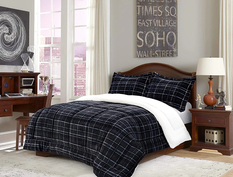 Softest Coziest Plaid Pattern Sherpa Premium Quality Down Alternative Micro-Suede 3-Piece Reversible Comforter Set