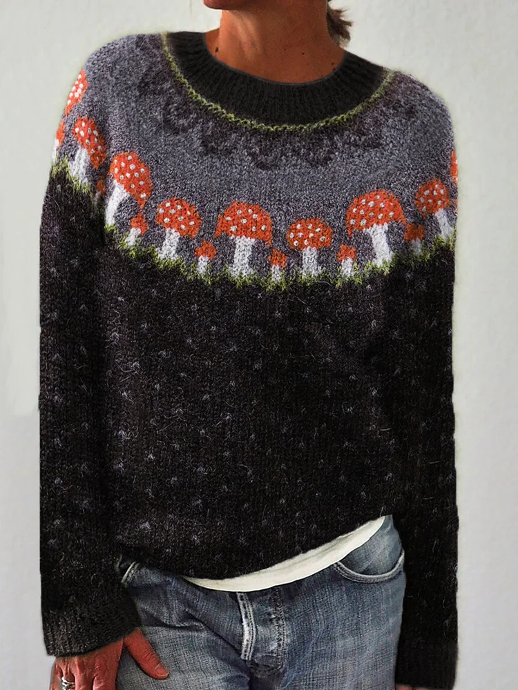 VChics Forest Mushroom Inspired Cozy Knit Yoke Sweater