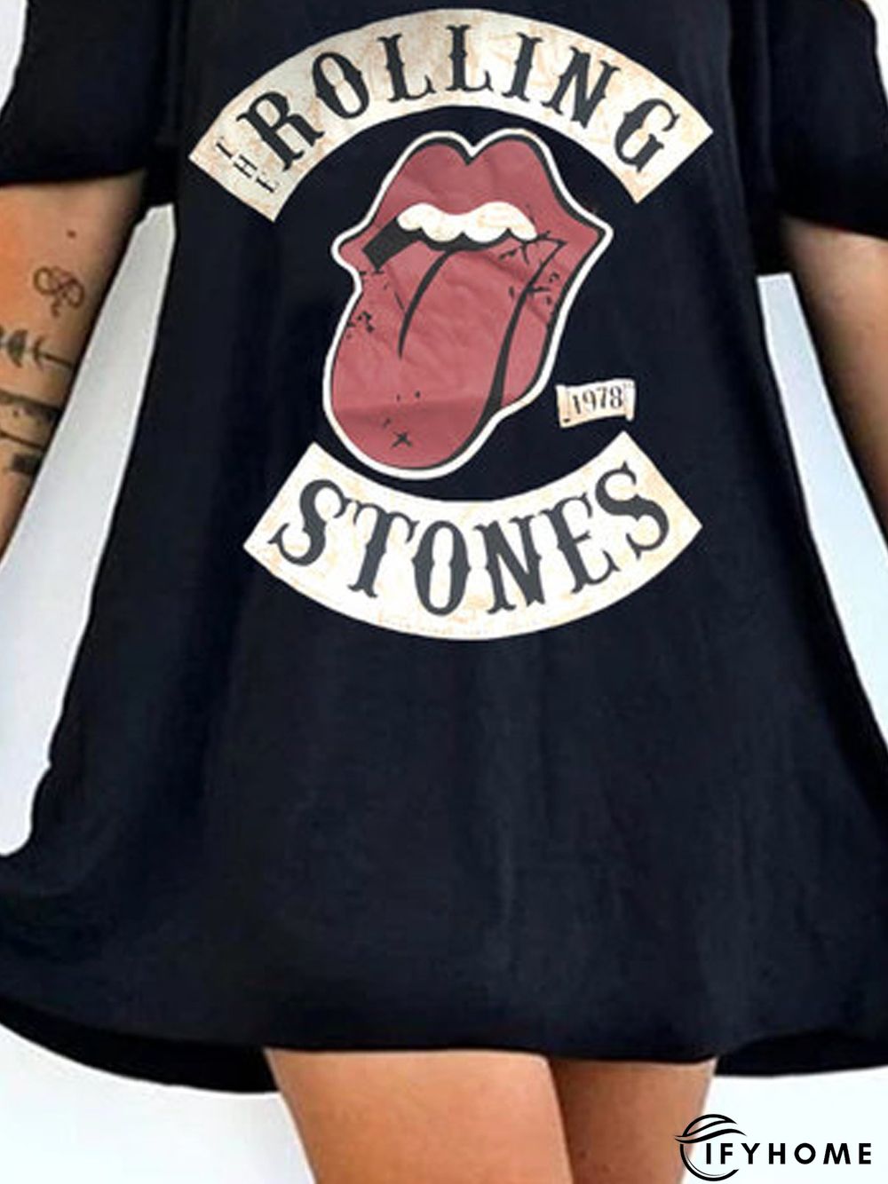 Black Short Sleeve Cotton-Blend Knitting Dress | IFYHOME