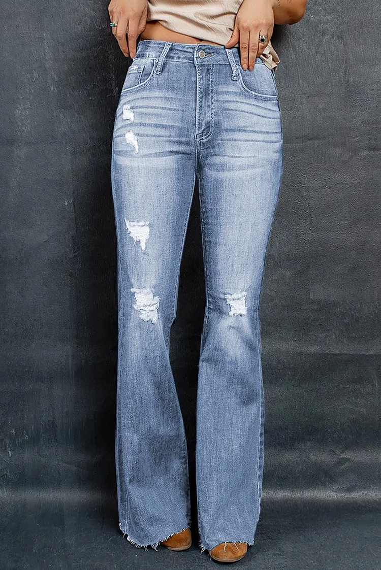 Women's Street Denim Jeans Distressed Raw Hem Flare Jeans