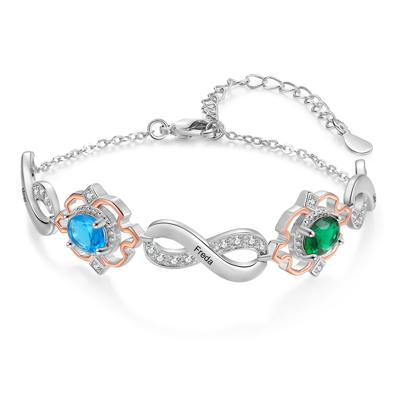 Braccialetto infinito personalizzato con 3 nomi e 2 pietre di nascita per donna