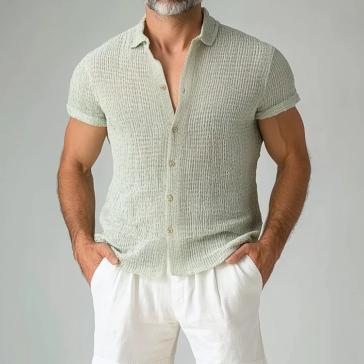 Men's Turndown Collar Button Textured Short Sleeve Shirt