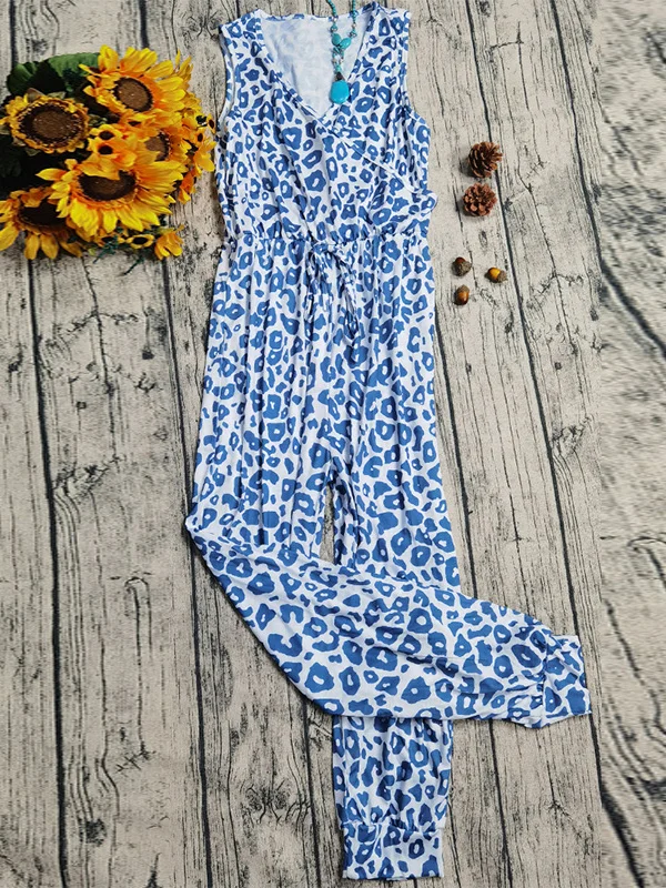 Leopard Elasticity Drawstring Sleeveless Loose V-Neck Pajamas Jumpsuits