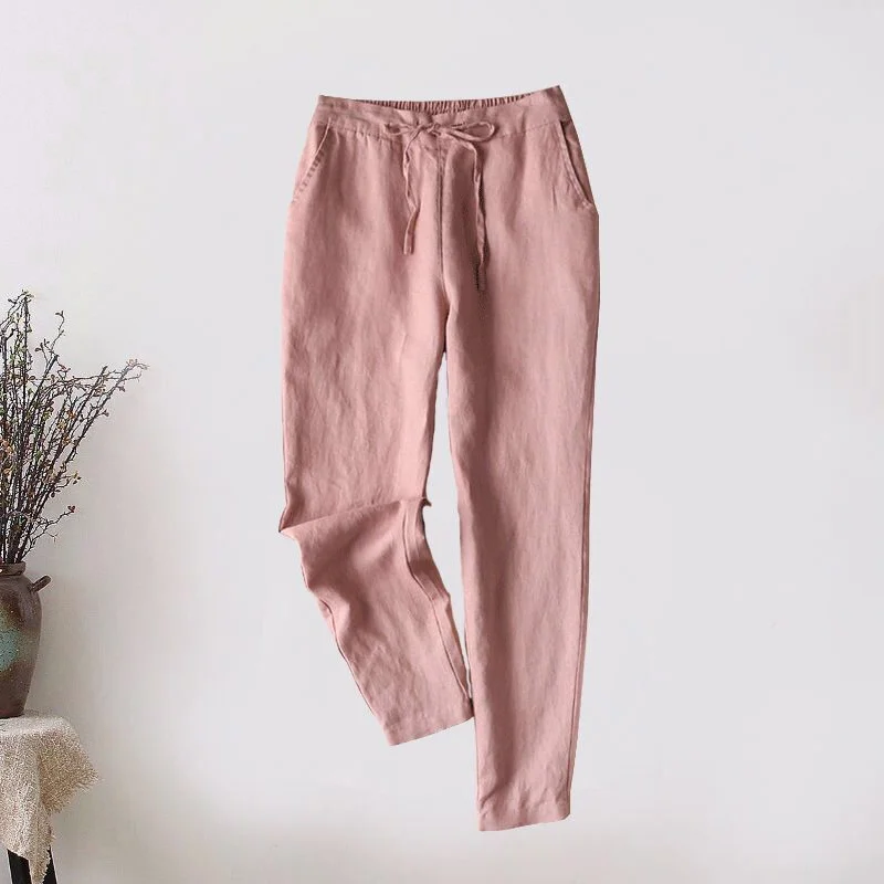 Vintage Solid Cotton Linen Pocket Casual Pants
